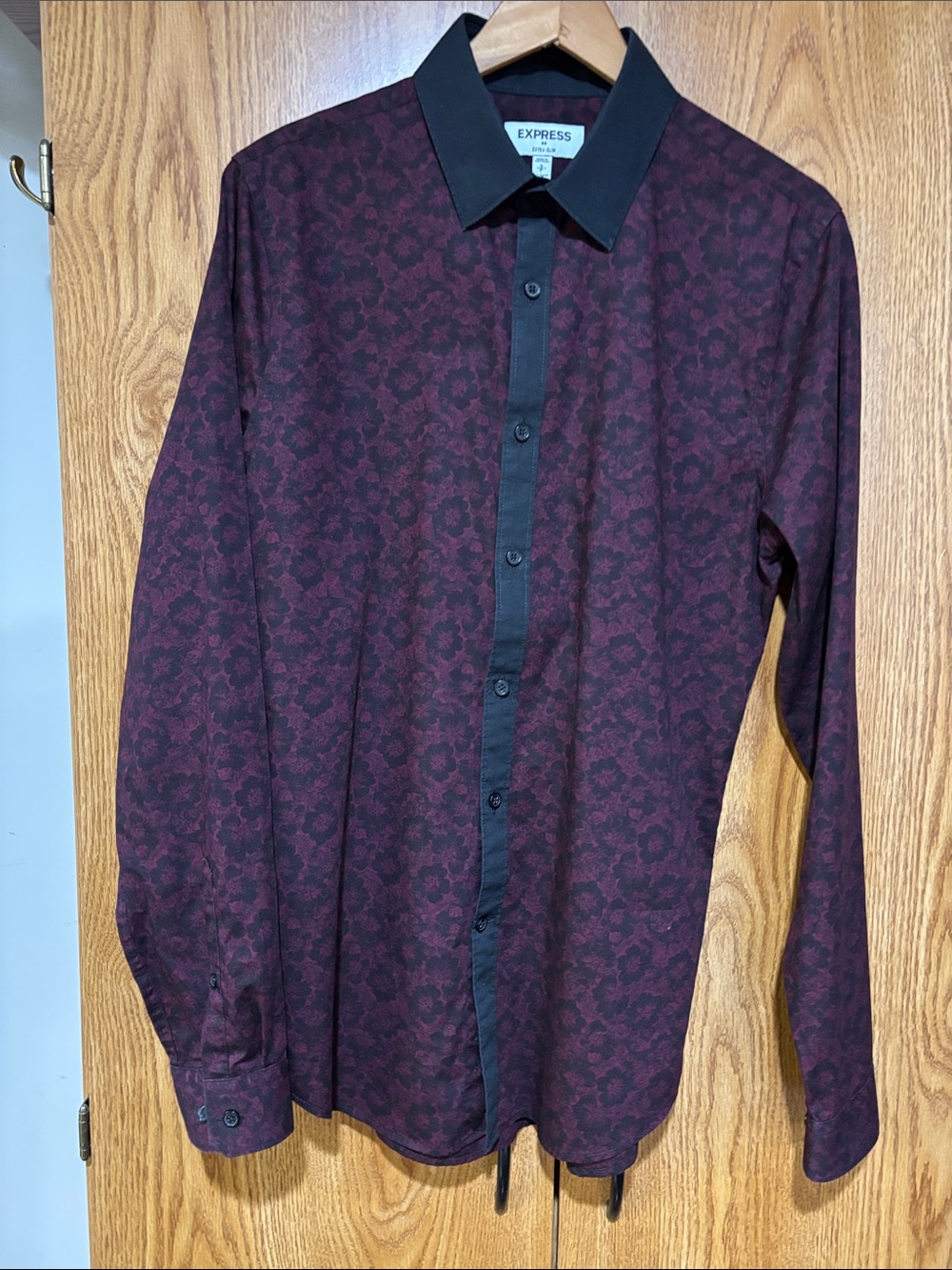 Express Men's Burgundy Floral Dress Shirt with Black Collar